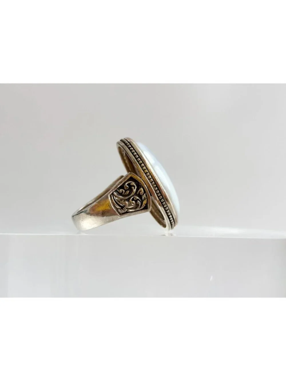 Grey Banded Agate Polished Cabochon Sterling Silver 925 Vintage Ring - sz 8